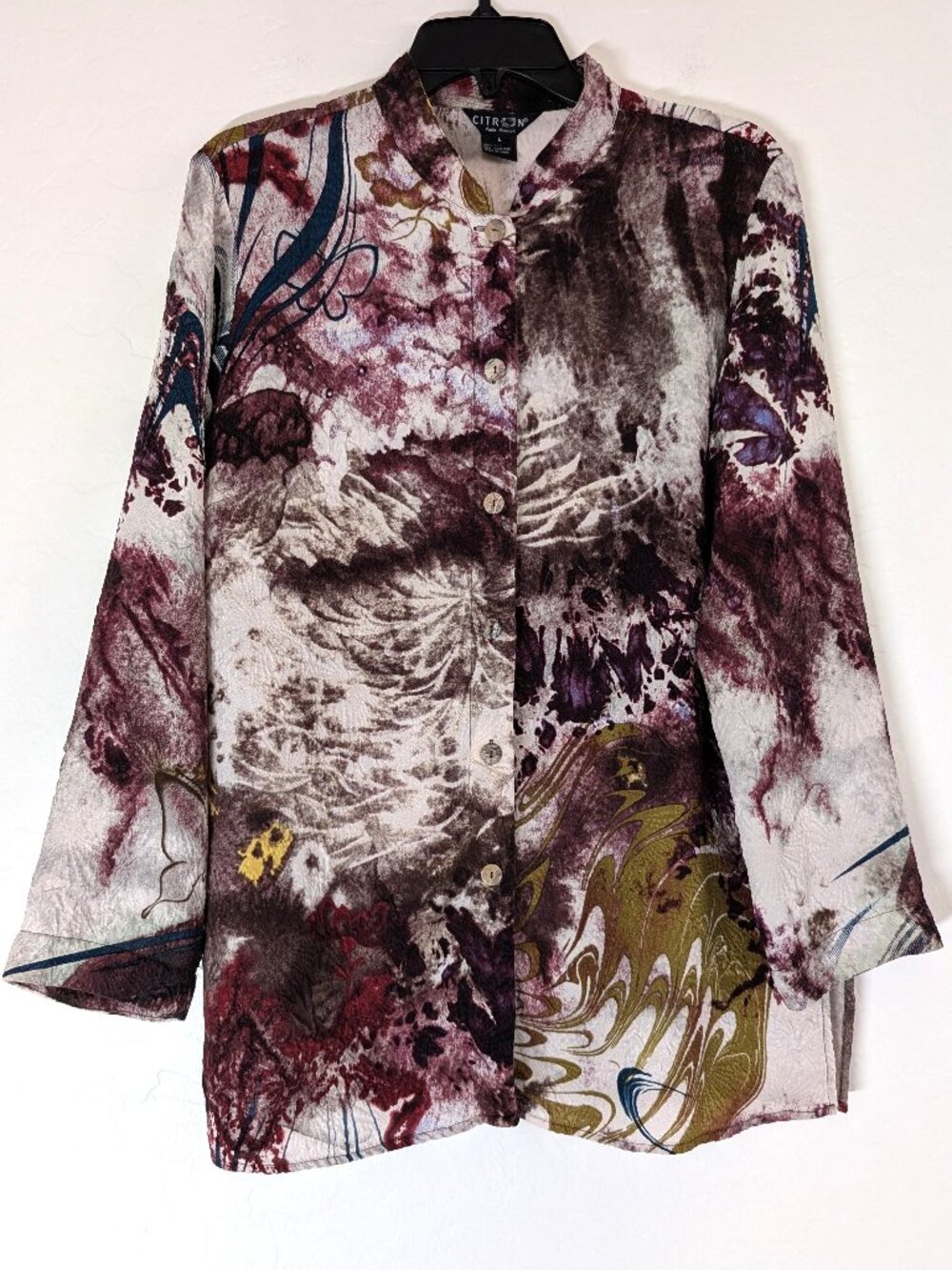 CITRON Blouse L Santa Monica Silk Multicolor Abstract Watercolor Button Front